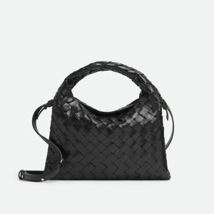 Bottega Veneta Mini Hop Crossbody Bag In Intrecciato Leather Black