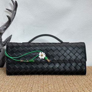 Bottega Veneta Andiamo Clutch with Daisy Flower Closure In Intrecciato Leather Black