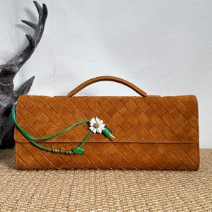 Bottega Veneta Andiamo Clutch with Daisy Flower Closure In Intrecciato Suede Brown