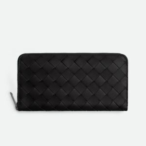 Bottega Veneta Large Zip Around Wallet In Intrecciato Calfskin Black