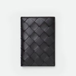 Bottega Veneta Intreccio Flap Card Case Grained Calfskin Black