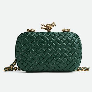 Bottega Veneta Knot Chain Clutch In Intreccio Padded Leather Green