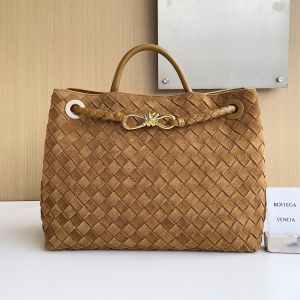 Bottega Veneta Medium Andiamo Top Handle Bag In Intrecciato Suede Brown