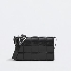 Bottega Veneta Medium Cassette Crossbody Bag with Triangle Buckle In Intreccio Waxed Calfskin Black