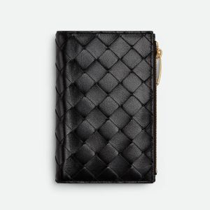 Bottega Veneta Medium Bi-Fold Zip Wallet In Intrecciato Lambskin Black
