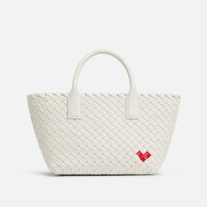 Bottega Veneta Mini Cabat Tote 20 with Detachable Strap In Heart Shape Intreccio Lambskin White