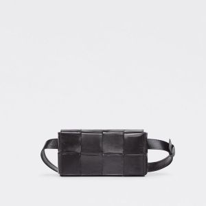 Bottega Veneta Mini Cassette Belt Bag In Intreccio Waxed Calfskin Black