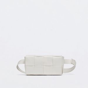 Bottega Veneta Mini Cassette Belt Bag In Intreccio Waxed Calfskin White