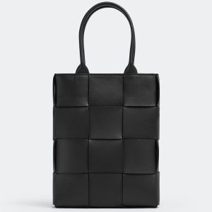 Bottega Veneta Mini Cassette Tote 22 with Detachable Strap In Intreccio Leather Black