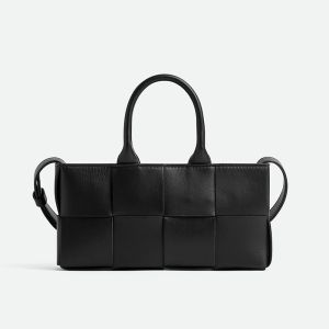 Bottega Veneta Mini Arco East-West Tote 22 with Detachable Strap In Intreccio Lambskin Black