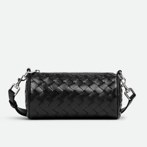 Bottega Veneta Mini Barrel Crossbody Bag In Intreccio Calfskin Black