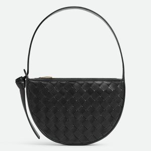 Bottega Veneta Mini Sunrise Shoulder Bag In Intreccio Calfskin Black