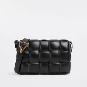 Bottega Veneta Large Cassette Crossbody Bag with Triangle Buckle In Intreccio Padded Lambskin Black