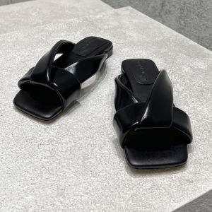 Bottega Veneta Riva Flat Slides Women Shiny Calfskin Black
