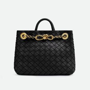Bottega Veneta Small Andiamo Chain Top Handle Bag In Intrecciato Leather Black