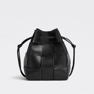 Bottega Veneta Small Cassette Bucket Bag In Intreccio Lambskin Black