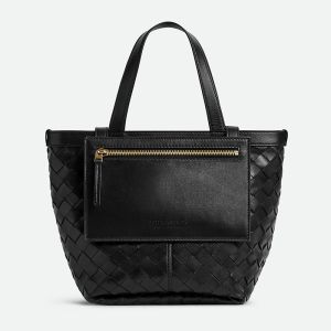 Bottega Veneta Small Flip Flap Tote 23 In Intreccio Lambskin Black