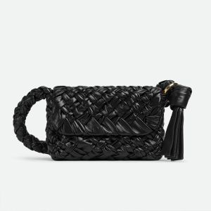 Bottega Veneta Small Kalimero Citta Shoulder Bag In Foulard Intreccio Leather Black