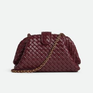 Bottega Veneta Small Lauren 1980 Clutch with Chain In Intrecciato Lambskin Burgundy