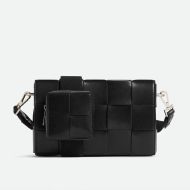 Bottega Veneta Cassette Crossbody Bag with Coin Pouch In Intreccio Leather Black