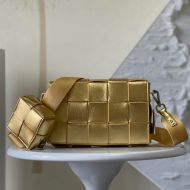 Bottega Veneta Cassette Crossbody Bag with Coin Pouch In Intreccio Leather Gold