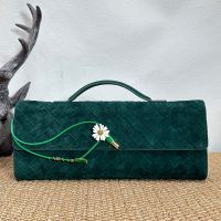 Bottega Veneta Andiamo Clutch with Daisy Flower Closure In Intrecciato Suede Green