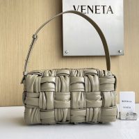 Bottega Veneta Brick Cassette Shoulder Bag In Foulard Intrecciato Leather Taupe