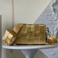 Bottega Veneta Cassette Crossbody Bag with Coin Pouch In Intreccio Leather Gold