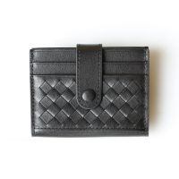 Bottega Veneta Intreccio Credit Card Case with Snap Strap Calfskin Black