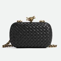Bottega Veneta Knot Chain Clutch In Intreccio Padded Leather Black