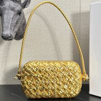 Bottega Veneta Knot Clutch on Strap In Foulard Intreccio Leather Gold