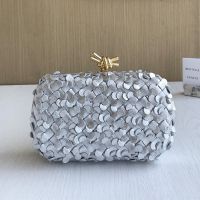 Bottega Veneta Knot Clutch In Intreccio Petal Lambskin Silver