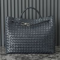 Bottega Veneta Large Andiamo Top Handle Bag In Intrecciato Leather Navy Blue
