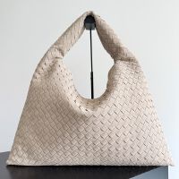 Bottega Veneta Large Hop Shoulder Bag In Intrecciato Suede Beige