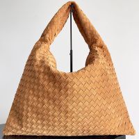 Bottega Veneta Large Hop Shoulder Bag In Intrecciato Suede Brown