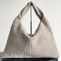 Bottega Veneta Large Hop Shoulder Bag In Intrecciato Suede Grey
