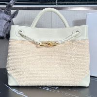 Bottega Veneta Medium Andiamo Top Handle Bag In Raffia and Leather Beige/White