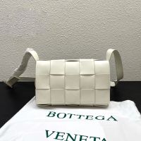 Bottega Veneta Medium Cassette Crossbody Bag with Triangle Buckle In Intreccio Wax Leather Beige