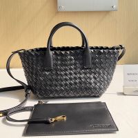 Bottega Veneta Mini Cabat Tote 20 with Detachable Strap In Intreccio Leather Black