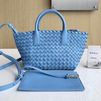 Bottega Veneta Mini Cabat Tote 20 with Detachable Strap In Intreccio Leather Blue