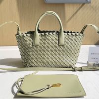 Bottega Veneta Mini Cabat Tote 20 with Detachable Strap In Intreccio Leather Cypress Green