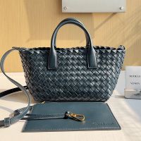Bottega Veneta Mini Cabat Tote 20 with Detachable Strap In Intreccio Leather Dark Brown