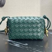 Bottega Veneta Mini Loop Camera Bag with Signature Metallic Knot In Intreccio Leather Dark Green