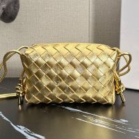 Bottega Veneta Mini Loop Camera Bag with Signature Metallic Knot In Intreccio Leather Gold