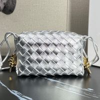 Bottega Veneta Mini Loop Camera Bag with Signature Metallic Knot In Intreccio Leather Silver