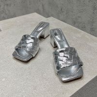 Bottega Veneta Parco 45 Slides Women Intrecciato Lambskin Silver