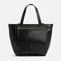 Bottega Veneta Small Flip Flap Tote with Zippered Pocket Intreccio Lambskin Black