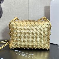 Bottega Veneta Small Loop Camera Bag In Intreccio Metalized Leather Gold