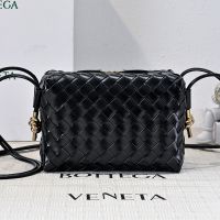 Bottega Veneta Small Loop Camera Bag with Signature Metallic Knot In Intreccio Waxed Leather Black