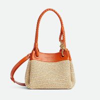 Bottega Veneta Small Parachute Shoulder Bag In Raffia and Leather Brown/Orange